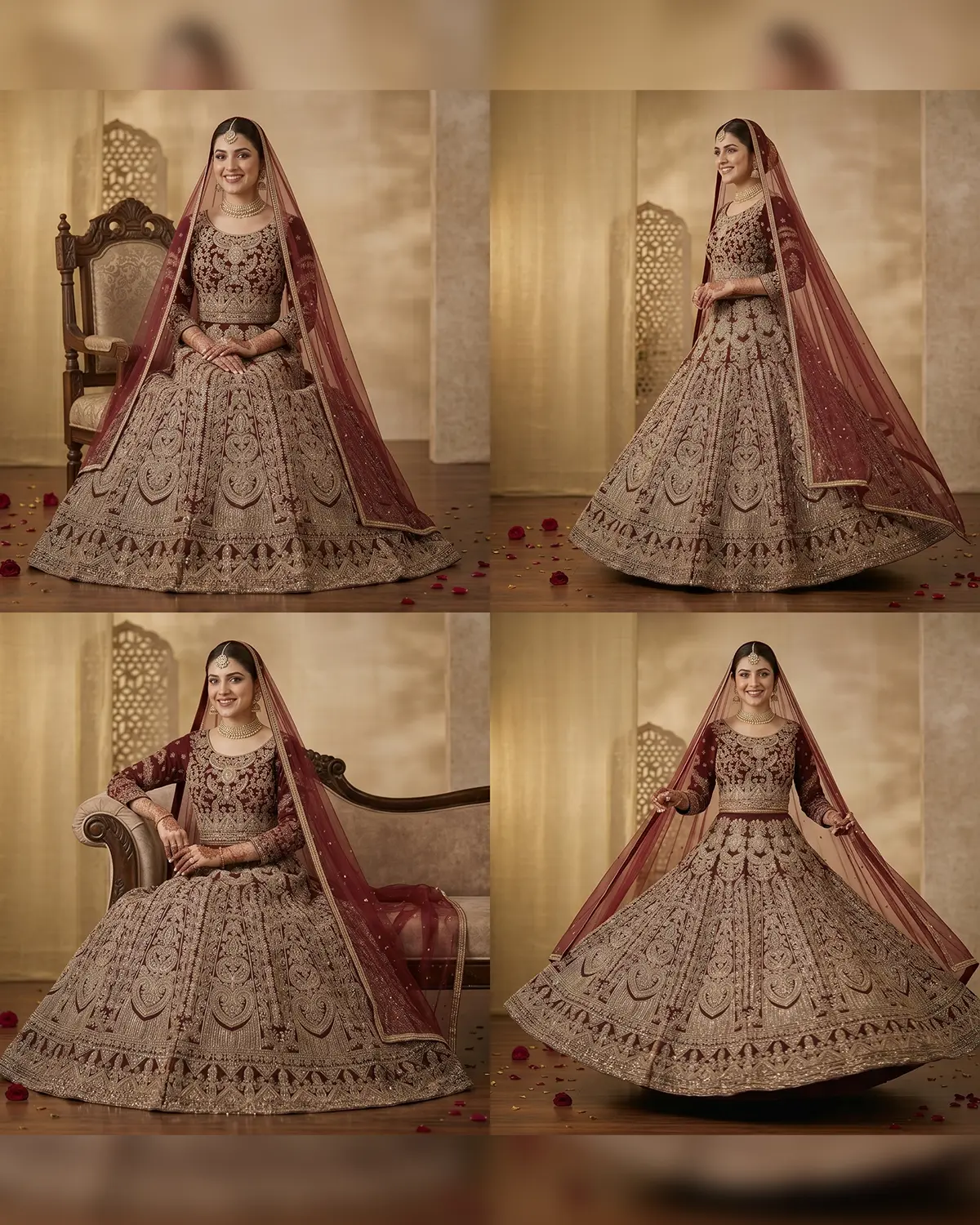 Deep Maroon Golden Velvet Bridal Lehenga Shirt - Image 4