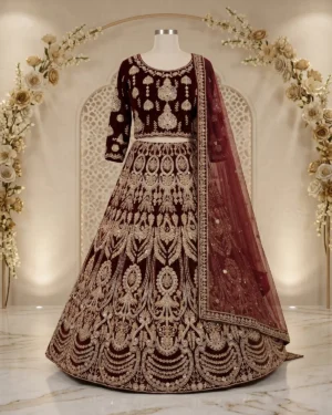 Deep Maroon Golden Zari Velvet Bridal Lehenga Choli