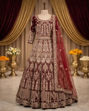 Deep Maroon Ruby Velvet Bridal Lehenga Choli