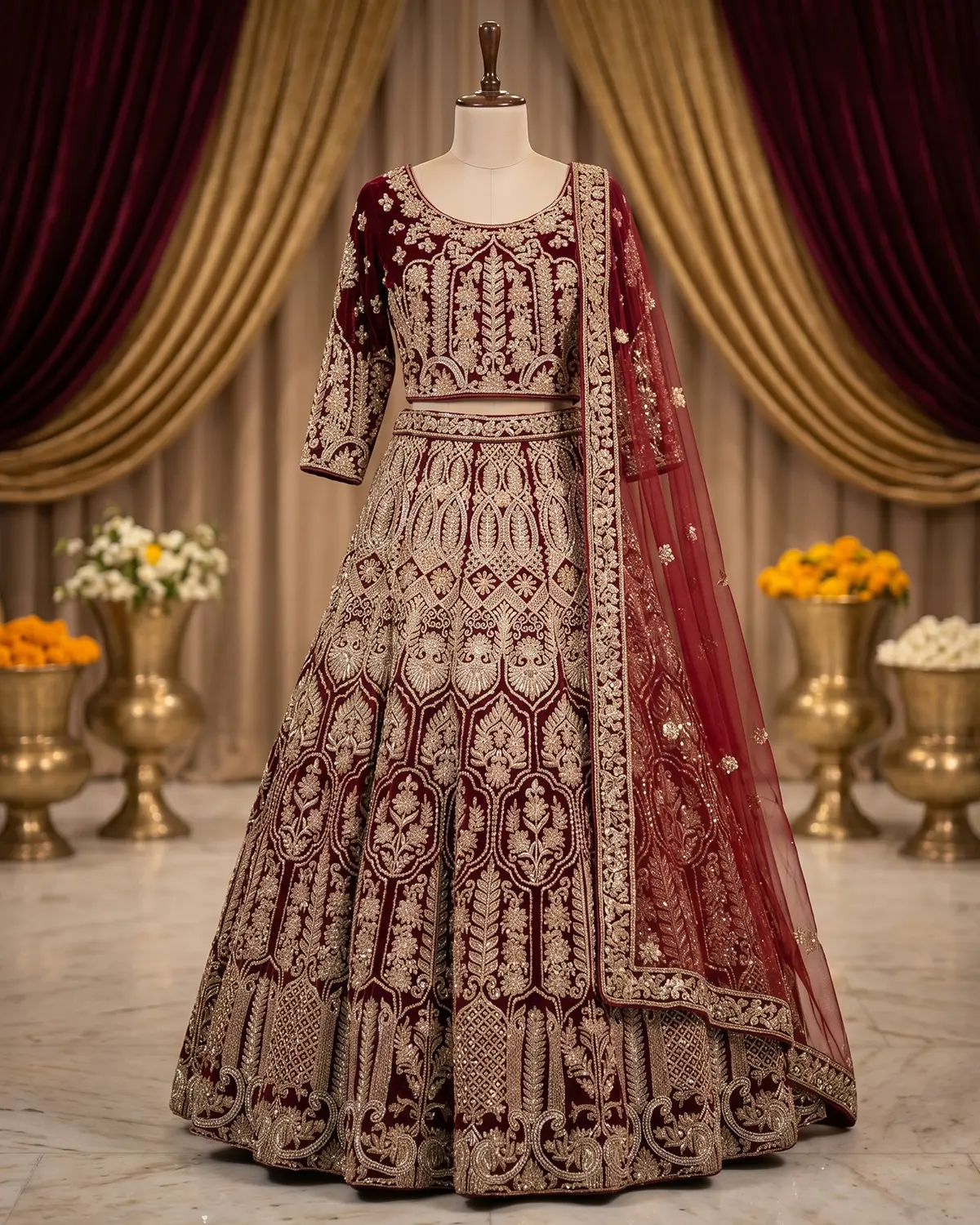 Deep Maroon Ruby Velvet Bridal Lehenga Choli