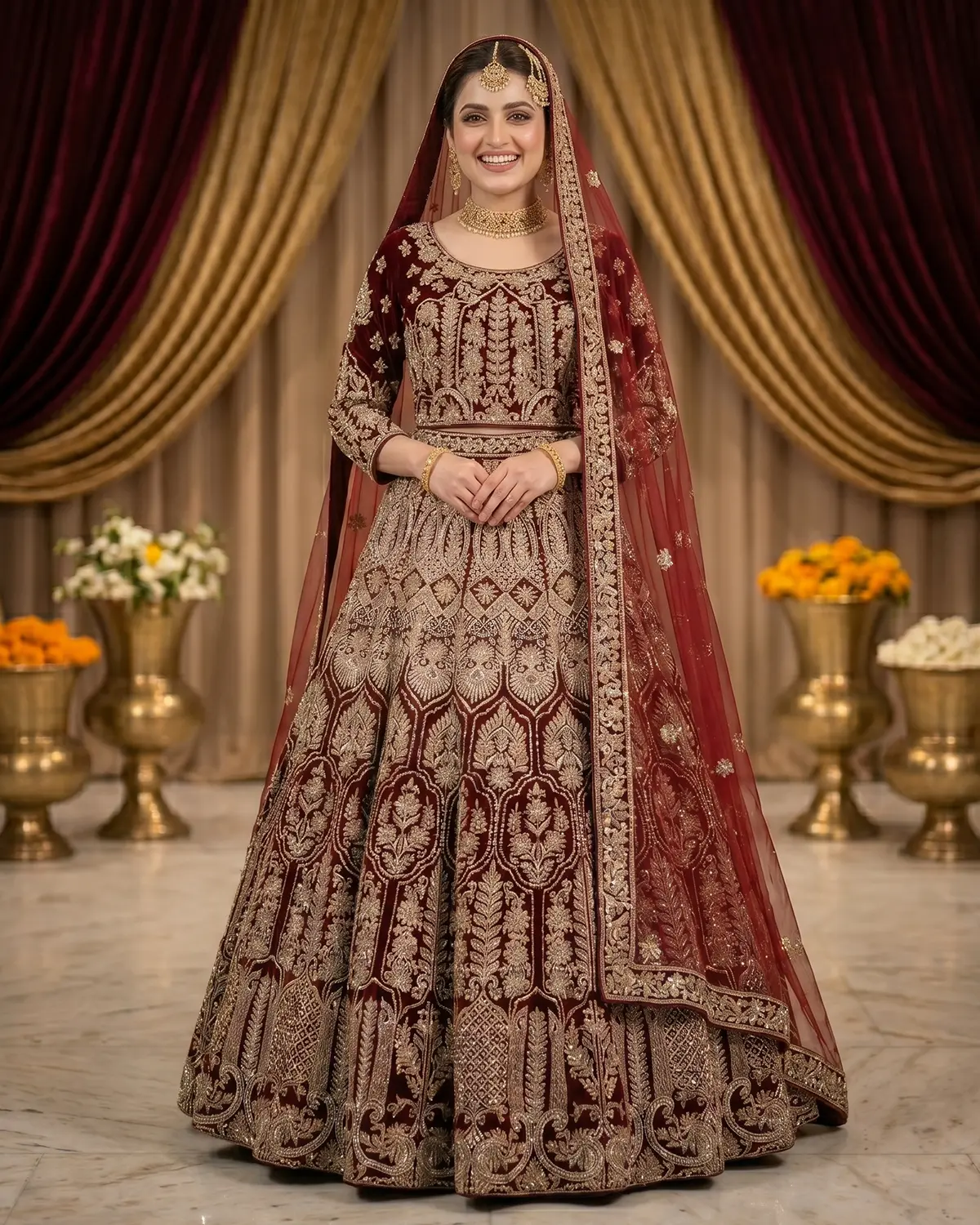 Deep Maroon Ruby Velvet Bridal Lehenga Choli - Image 2