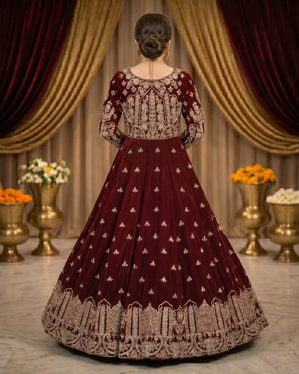 Deep Maroon Ruby Velvet Bridal Lehenga Choli - Image 3