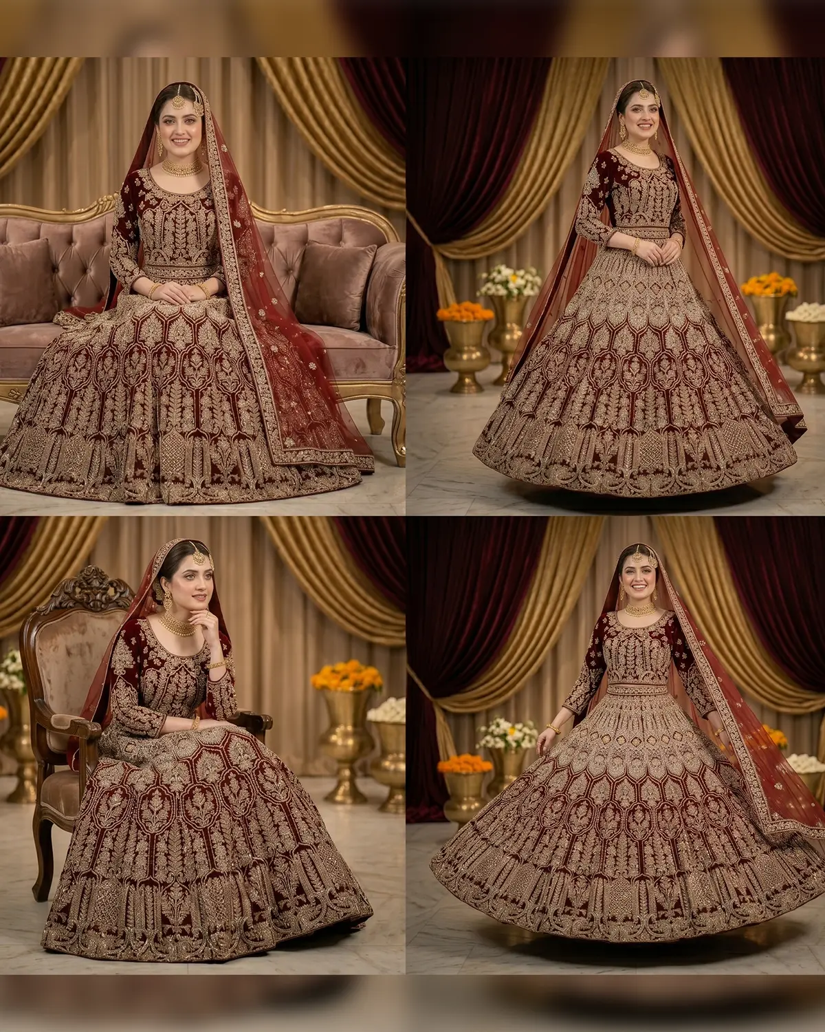 Deep Maroon Ruby Velvet Bridal Lehenga Choli - Image 4