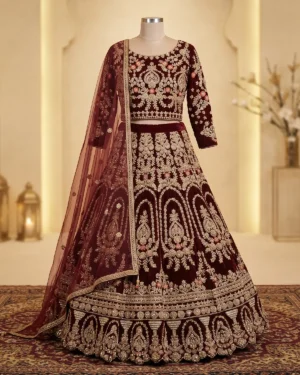 Deep Maroon Velvet Bridal Lehenga Shirt