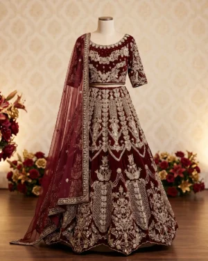 Deep Maroon Zari Bridal Velvet Lehenga Choli