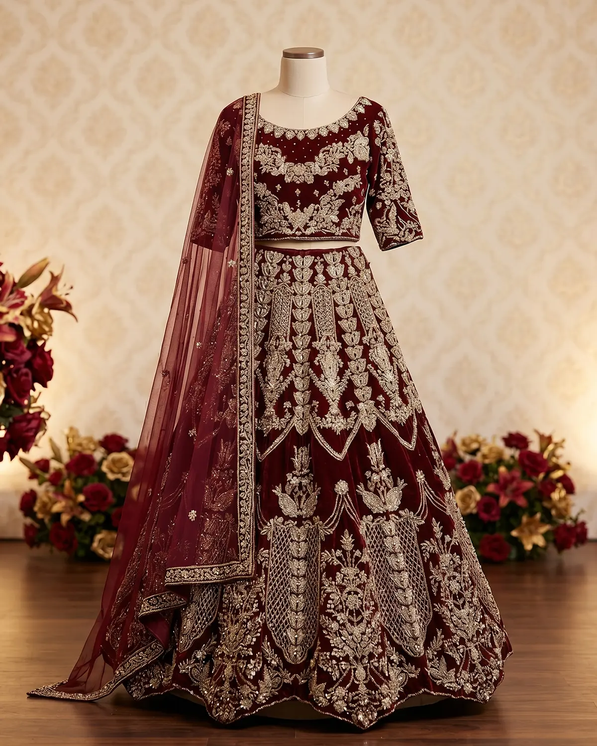 Deep Maroon Zari Bridal Velvet Lehenga Choli
