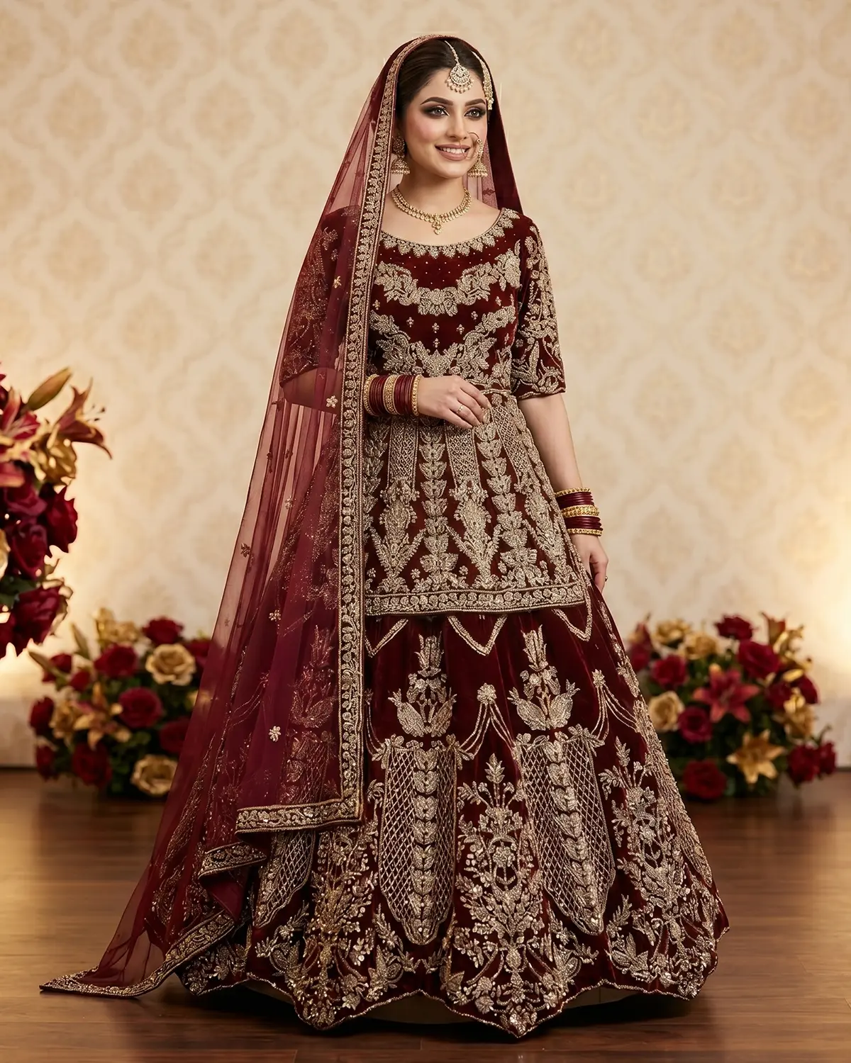 Deep Maroon Zari Bridal Velvet Lehenga Choli - Image 2