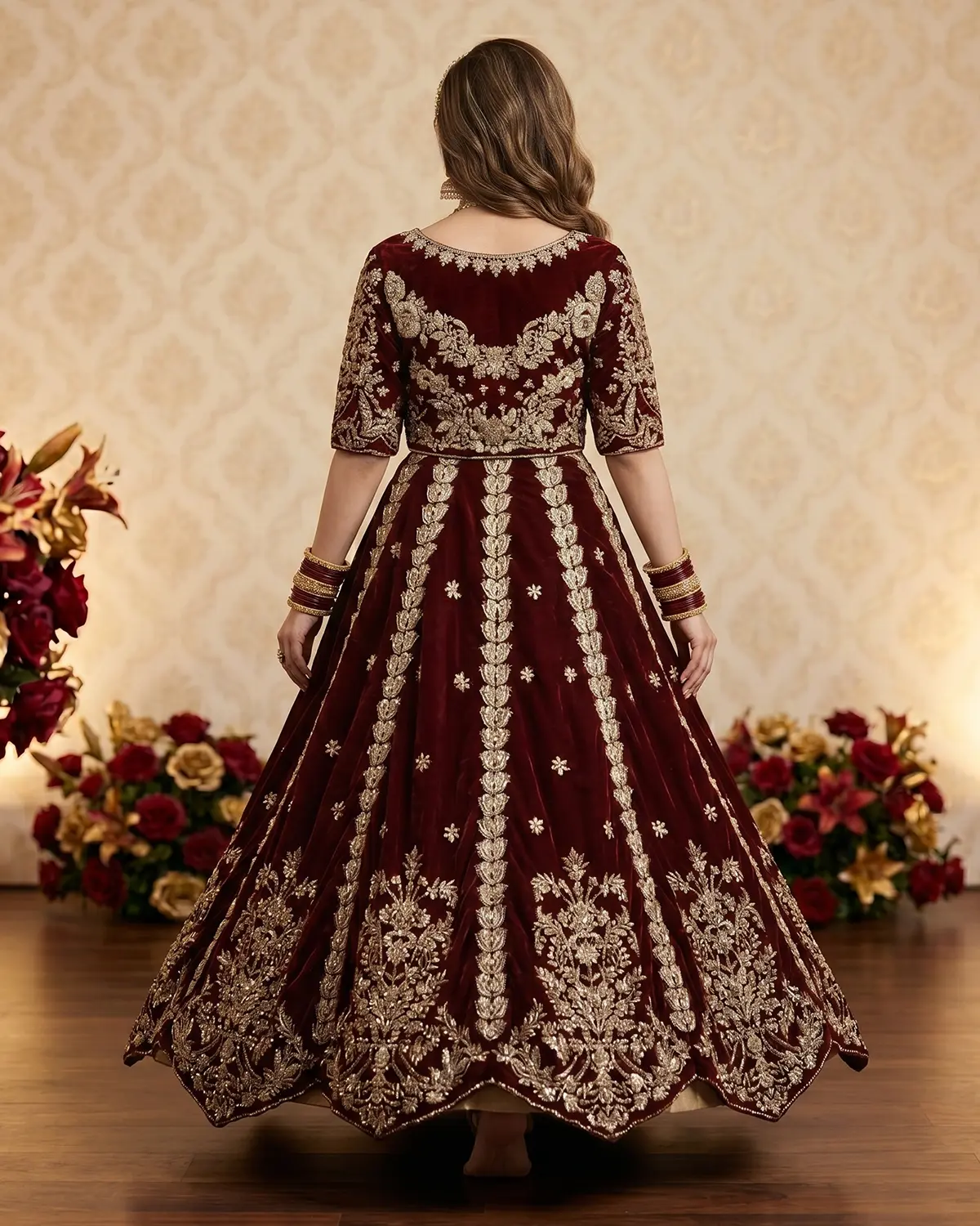 Deep Maroon Zari Bridal Velvet Lehenga Choli - Image 3