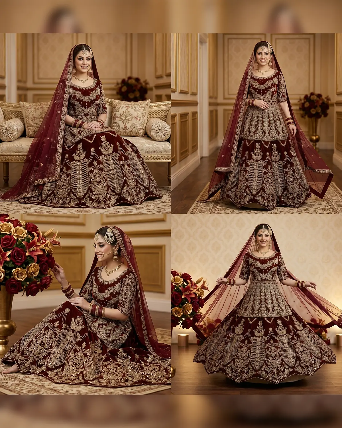 Deep Maroon Zari Bridal Velvet Lehenga Choli - Image 4