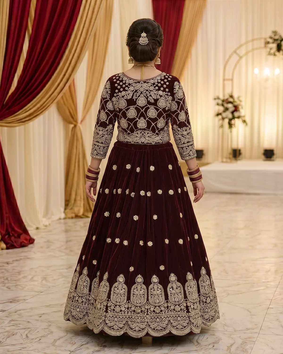 Deep Maroon Zari Velvet Bridal Lehenga Shirt - Image 3