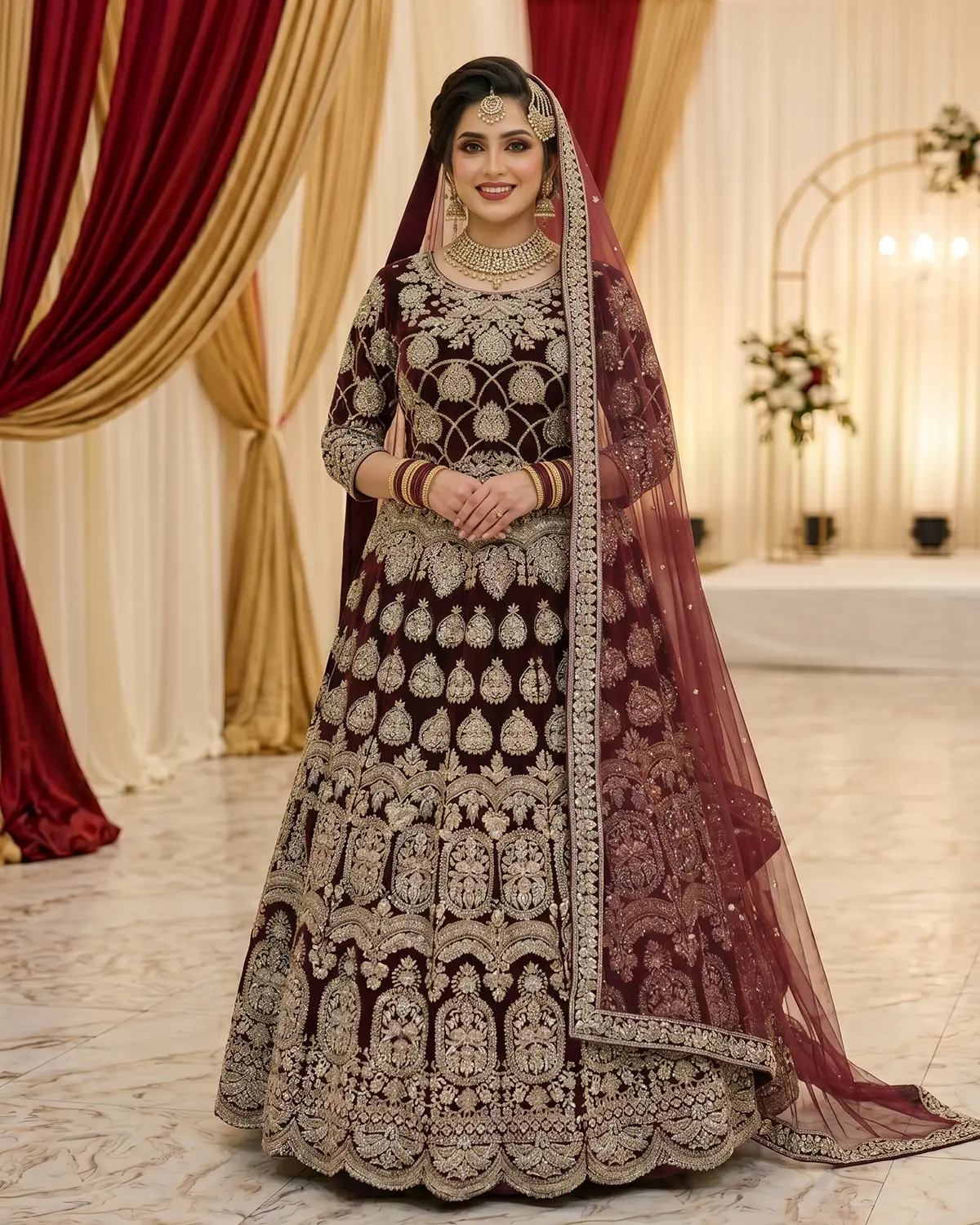 Deep Maroon Zari Velvet Bridal Lehenga Shirt - Image 2