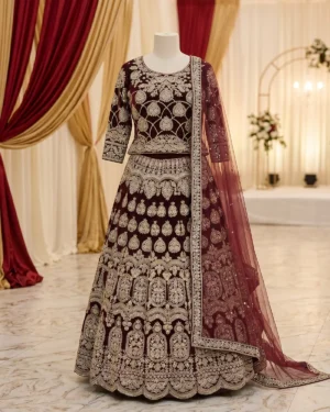 Deep Maroon Zari Velvet Bridal Lehenga Shirt
