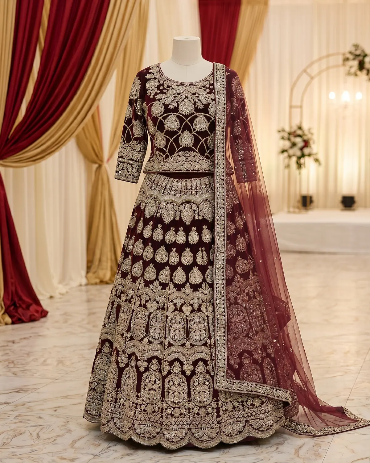 Deep Maroon Zari Velvet Bridal Lehenga Shirt