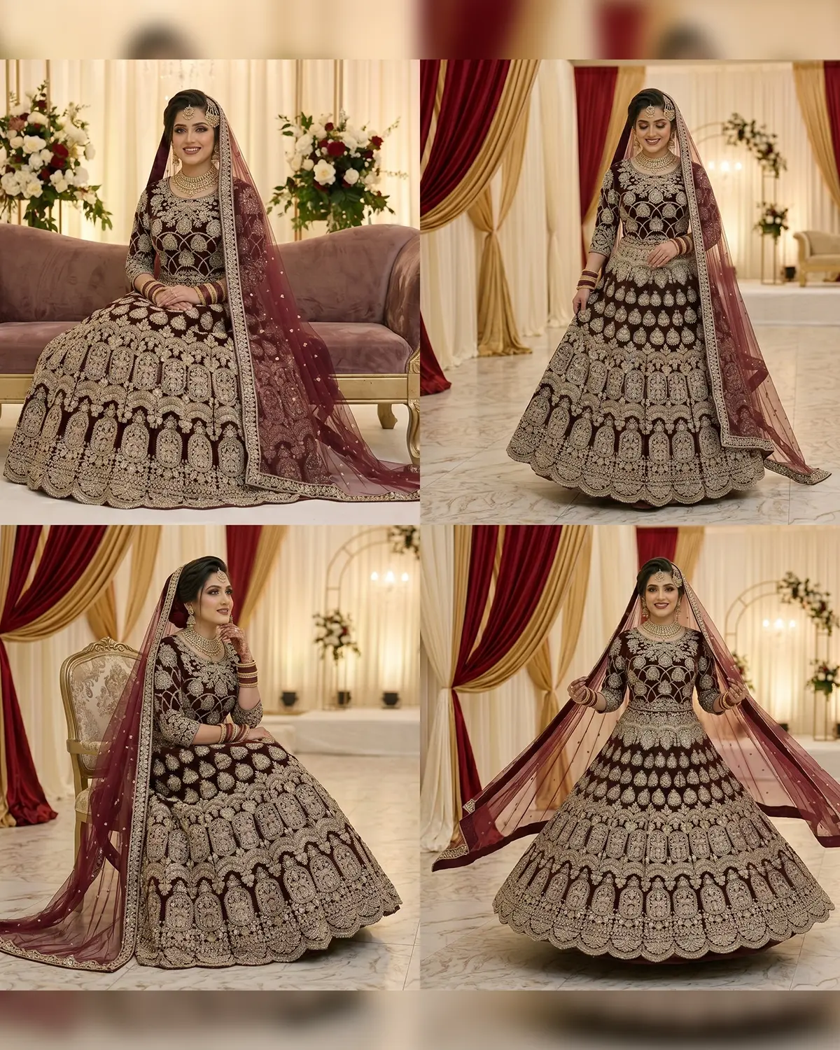 Deep Maroon Zari Velvet Bridal Lehenga Shirt - Image 4