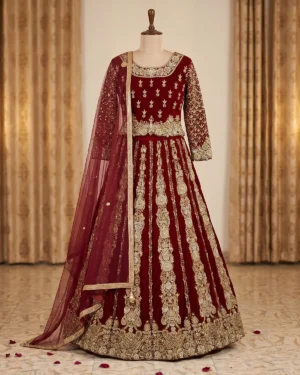 Deep Red Tux Indian Style Velvet Bridal Lehenga Choli