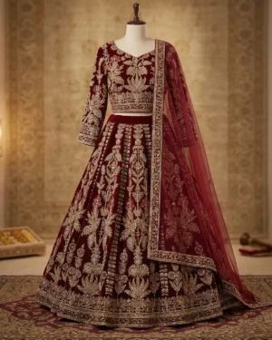 Deep Wine Velvet Bridal Lehenga Shirt