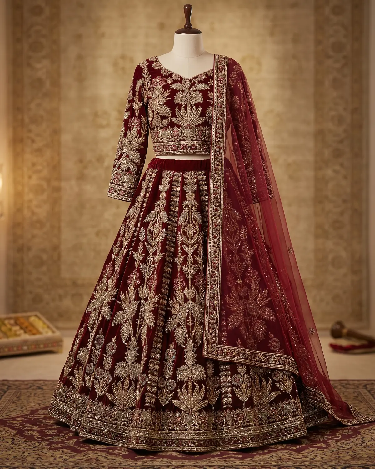 Deep Wine Velvet Bridal Lehenga Shirt