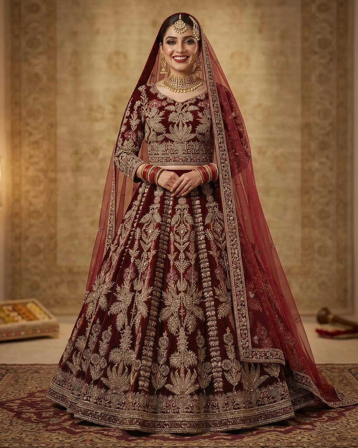 Deep Wine Velvet Bridal Lehenga Shirt - Image 2