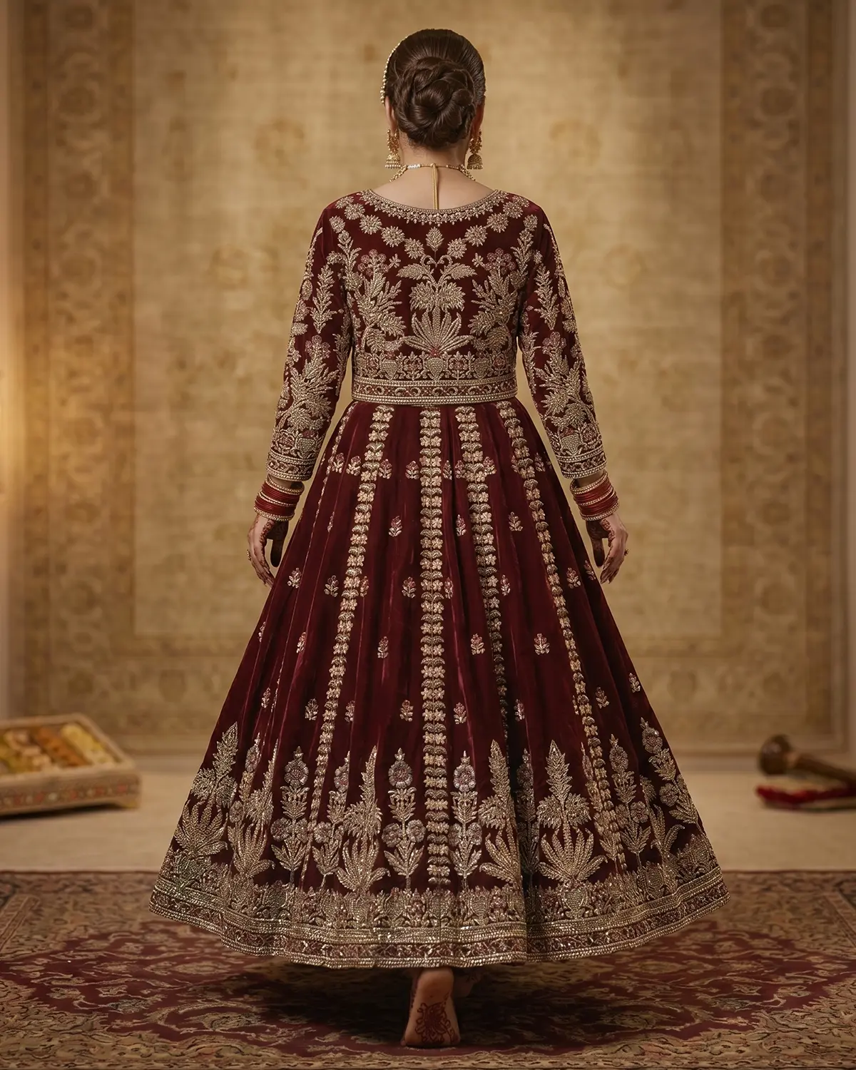 Deep Wine Velvet Bridal Lehenga Shirt - Image 3