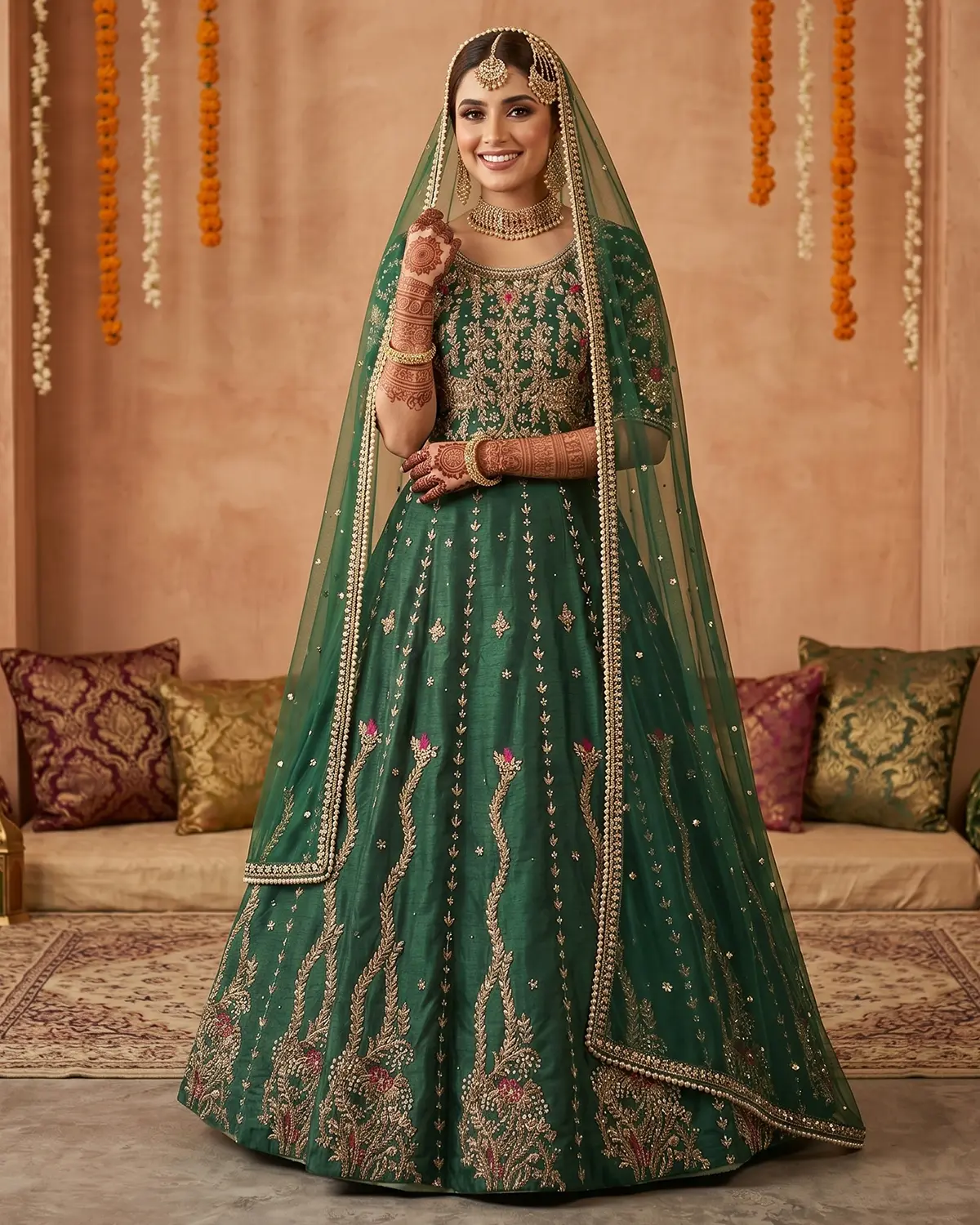 Green Hina Embroidered Mehndi Bridal Lehenga Choli - Image 2