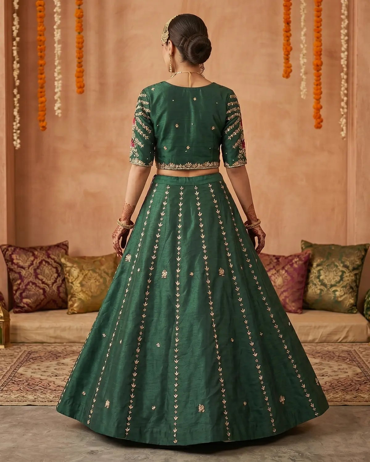 Green Hina Embroidered Mehndi Bridal Lehenga Choli - Image 3