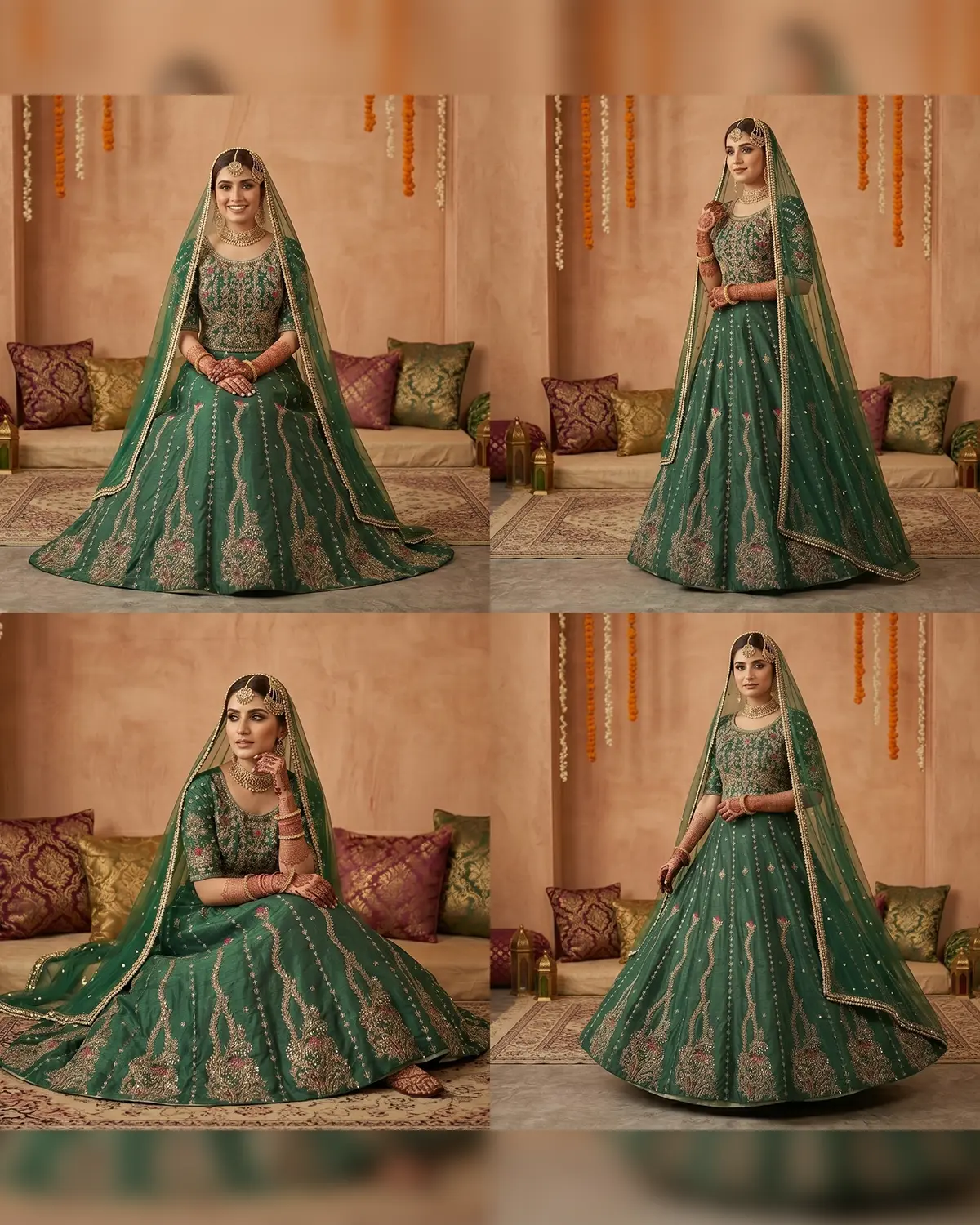Green Hina Embroidered Mehndi Bridal Lehenga Choli - Image 4