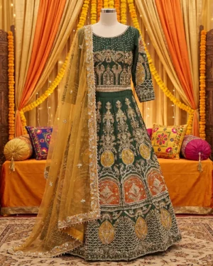 Green Jewel Mehndi Bridal Lehenga Shirt