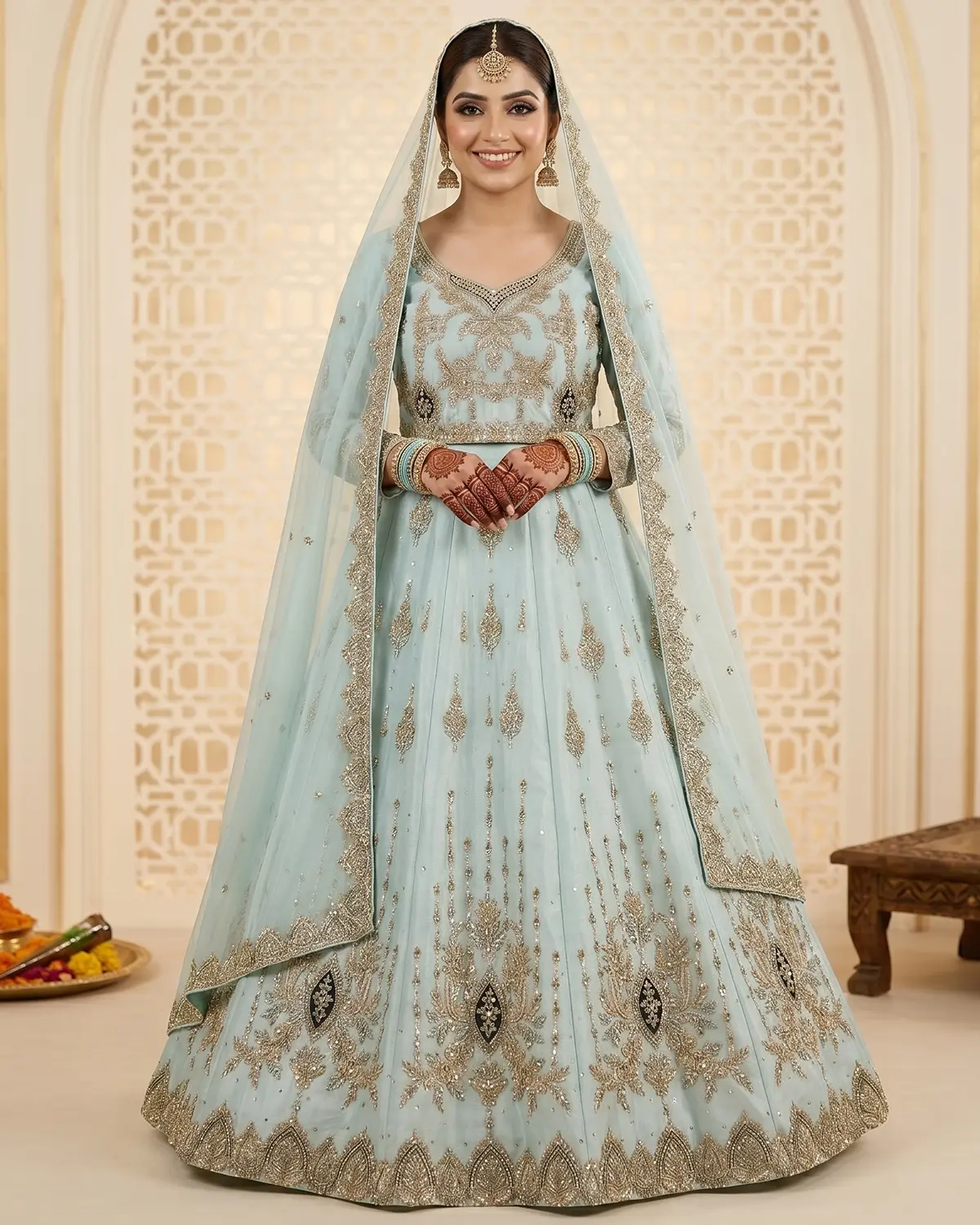 Ice Blue Mehndi Bridal Lehenga Shirt - Image 2