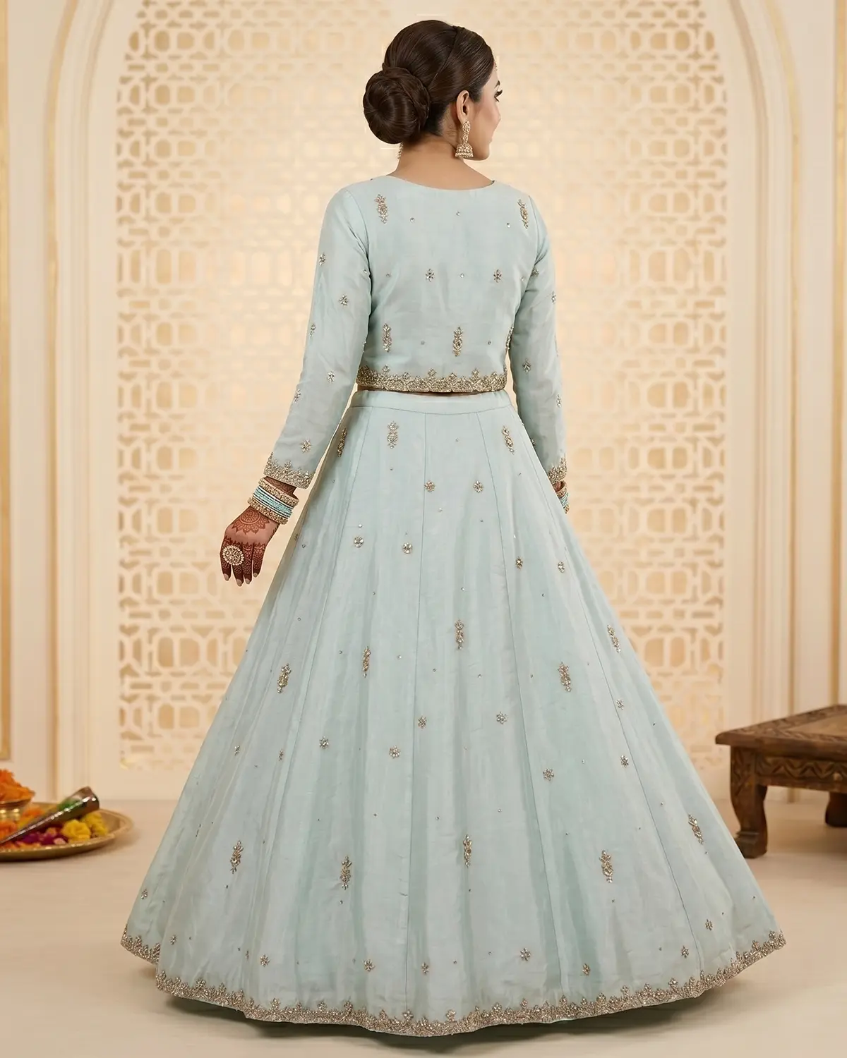 Ice Blue Mehndi Bridal Lehenga Shirt - Image 3