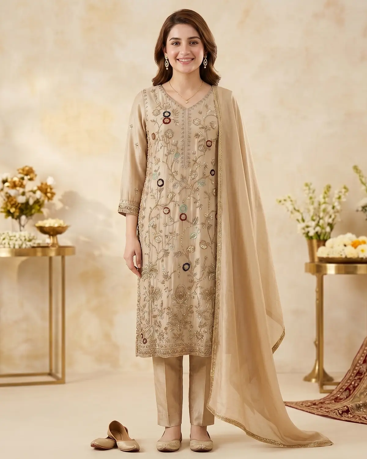 Light Gold Embellished Formal Shirt Trouser Suit - Image 2
