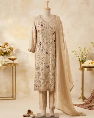 Light Gold Embellished Formal Shirt Trouser Suit