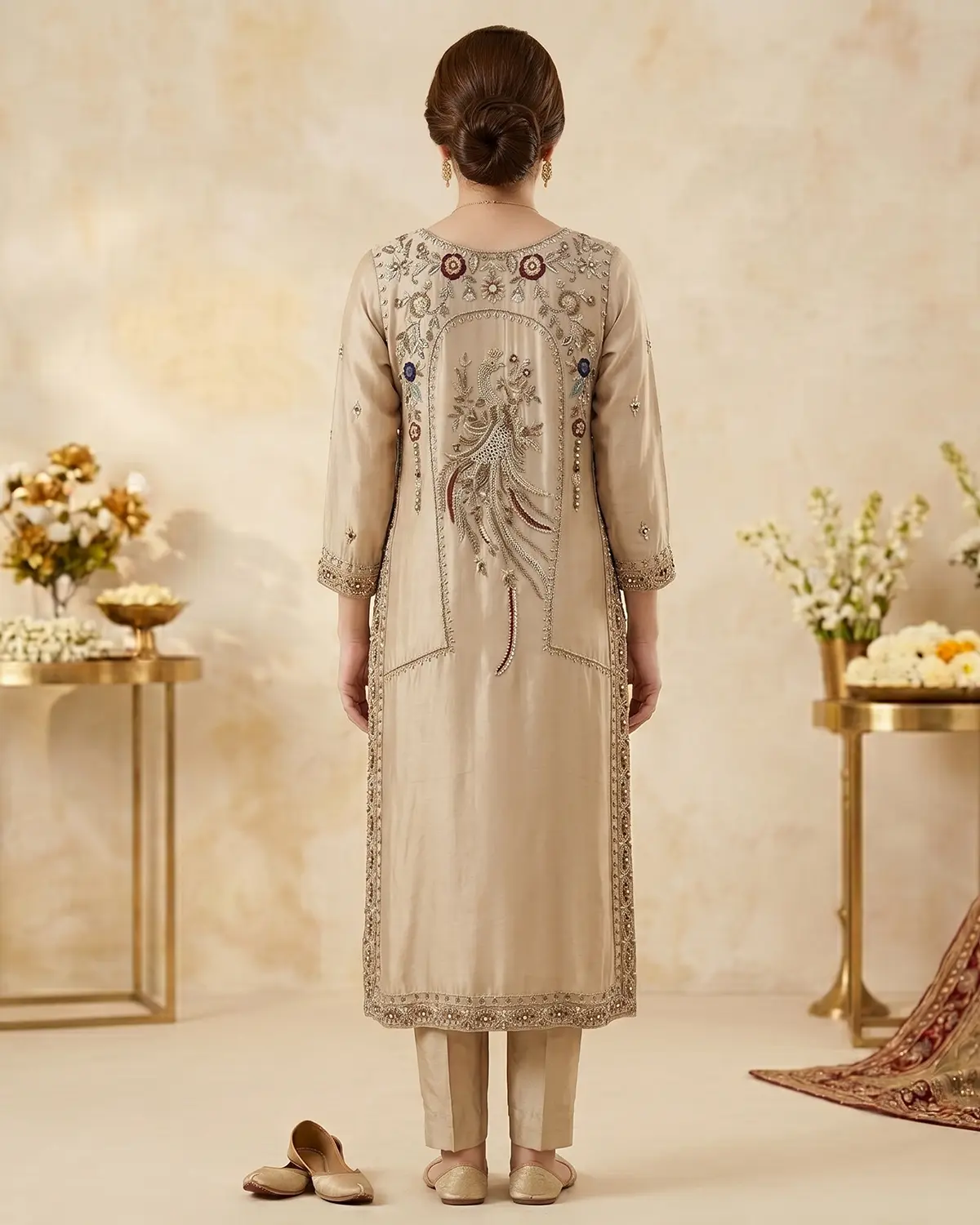 Light Gold Embellished Formal Shirt Trouser Suit - Image 3