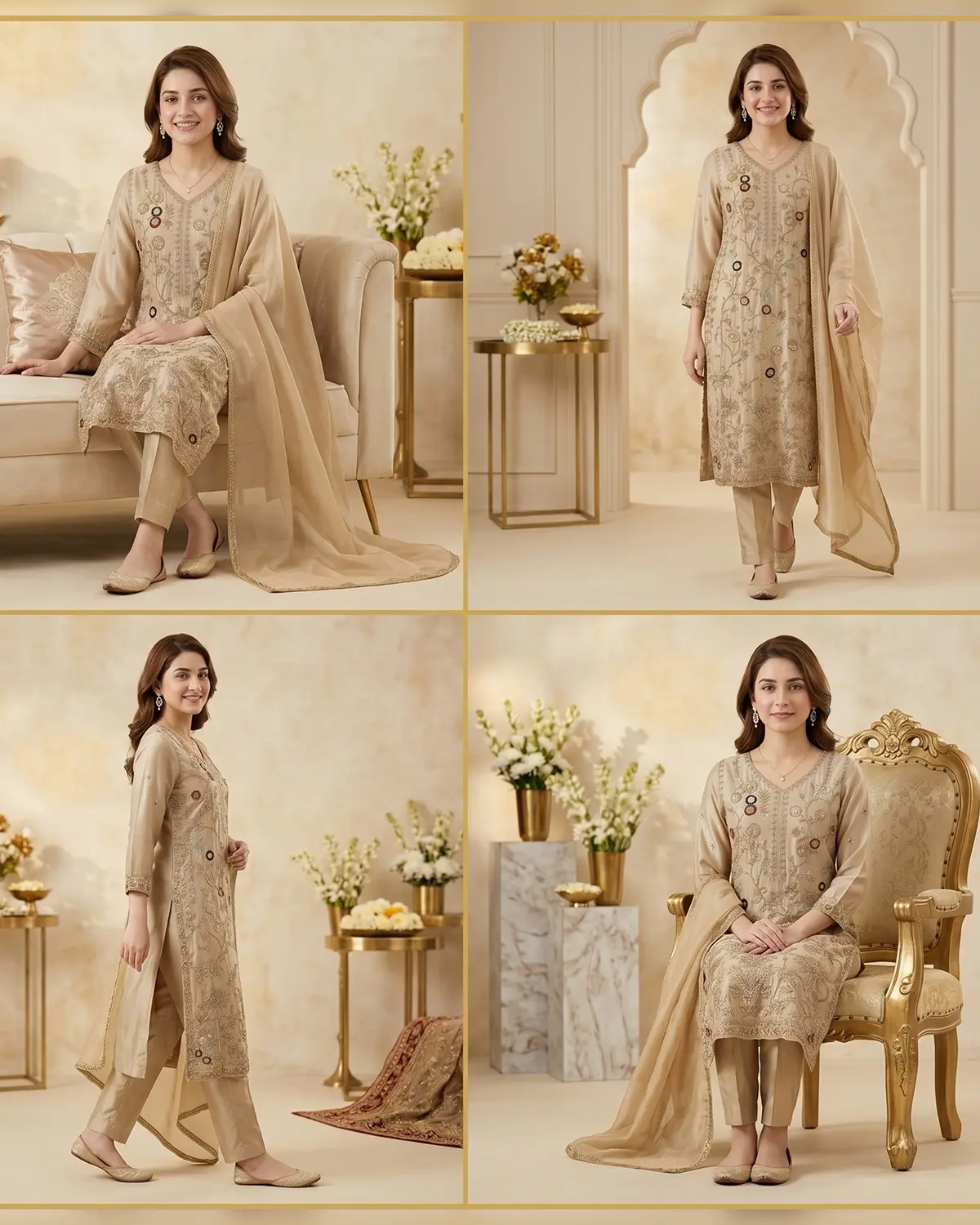 Light Gold Embellished Formal Shirt Trouser Suit - Image 4