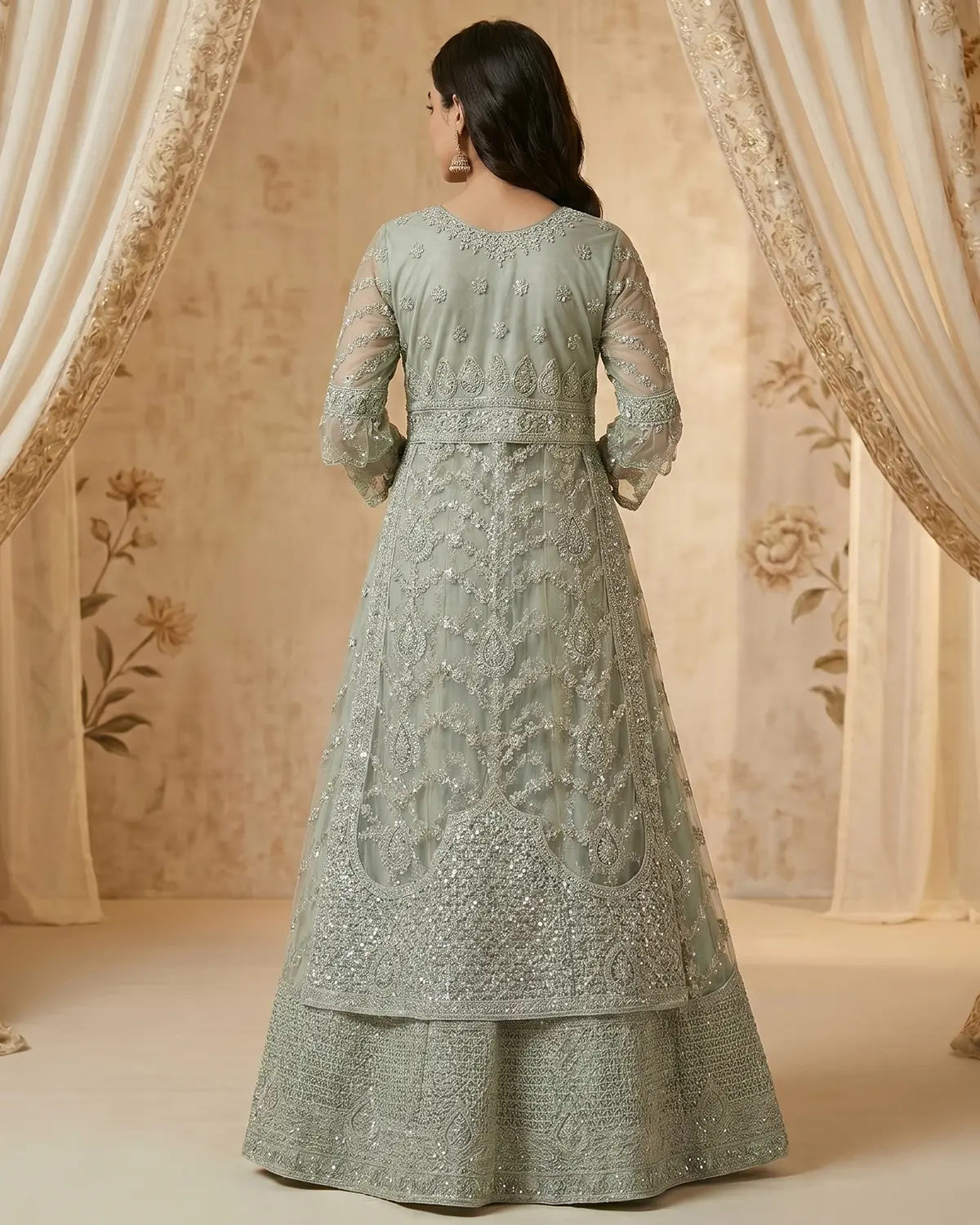 Lush Sea Green Stylish Formal Lehenga Gown - Image 3