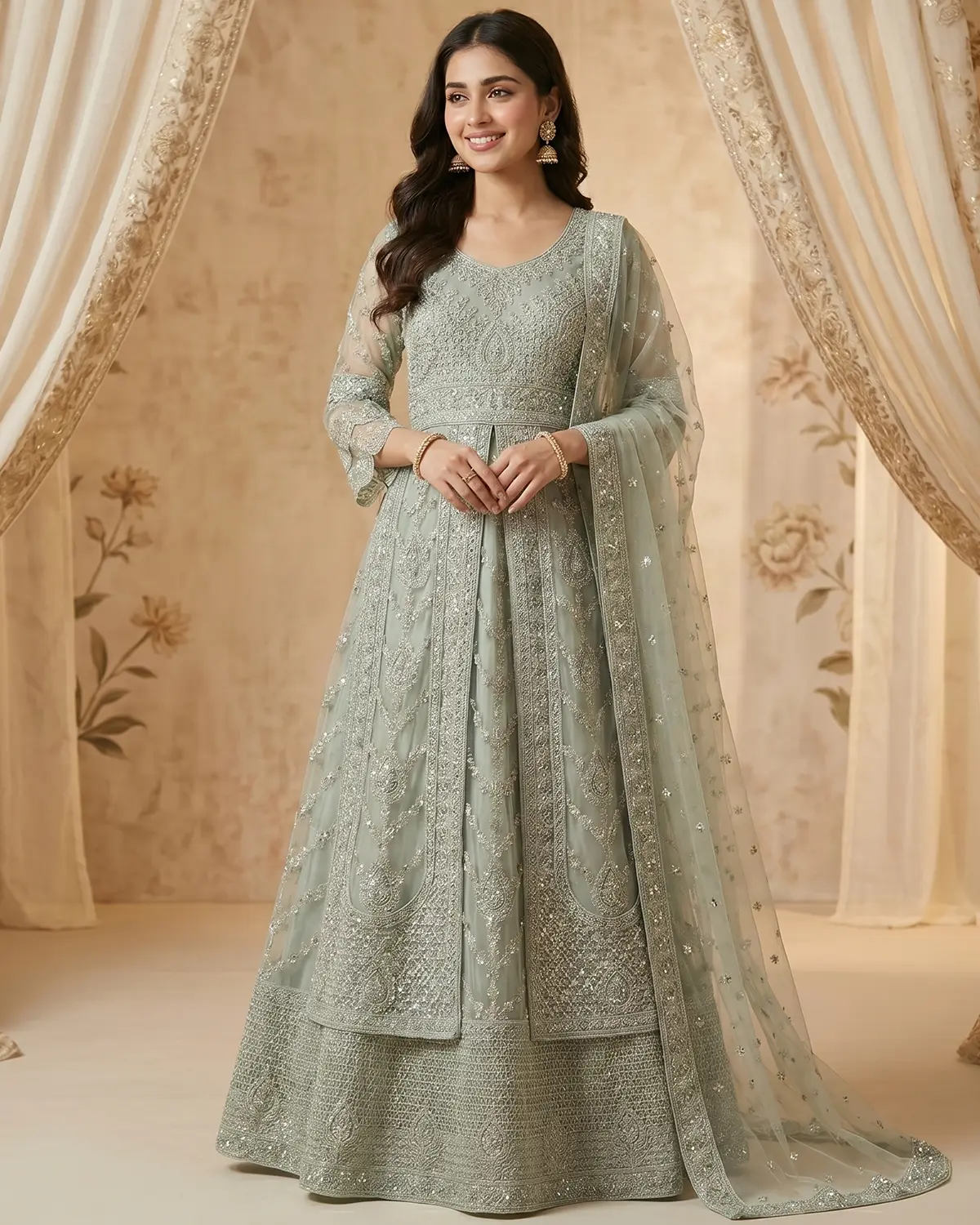 Lush Sea Green Stylish Formal Lehenga Gown - Image 2