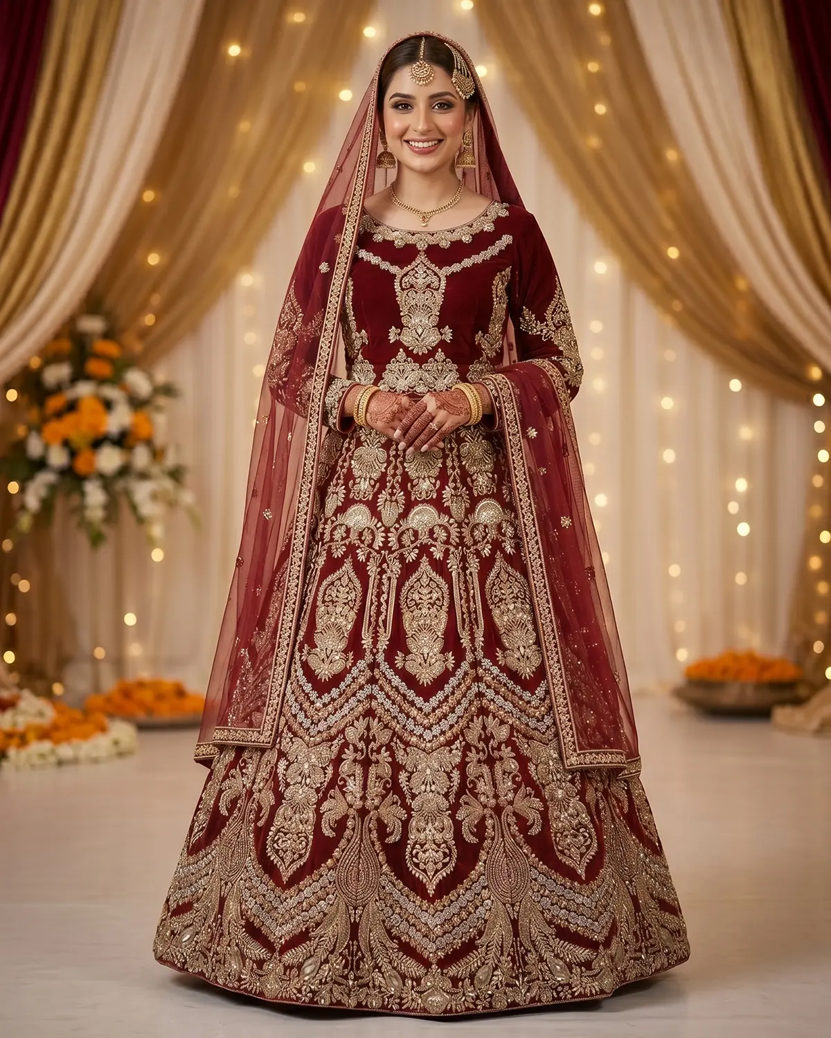 Luxury Crimson Velvet Bridal Lehenga Choli Front & Back Same - Image 2