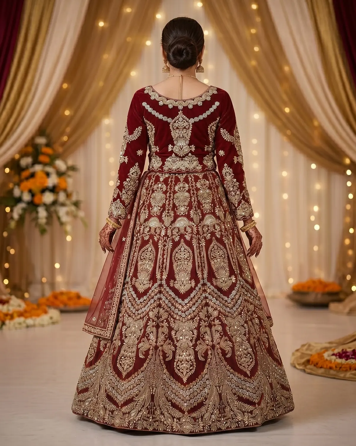 Luxury Crimson Velvet Bridal Lehenga Choli Front & Back Same - Image 3