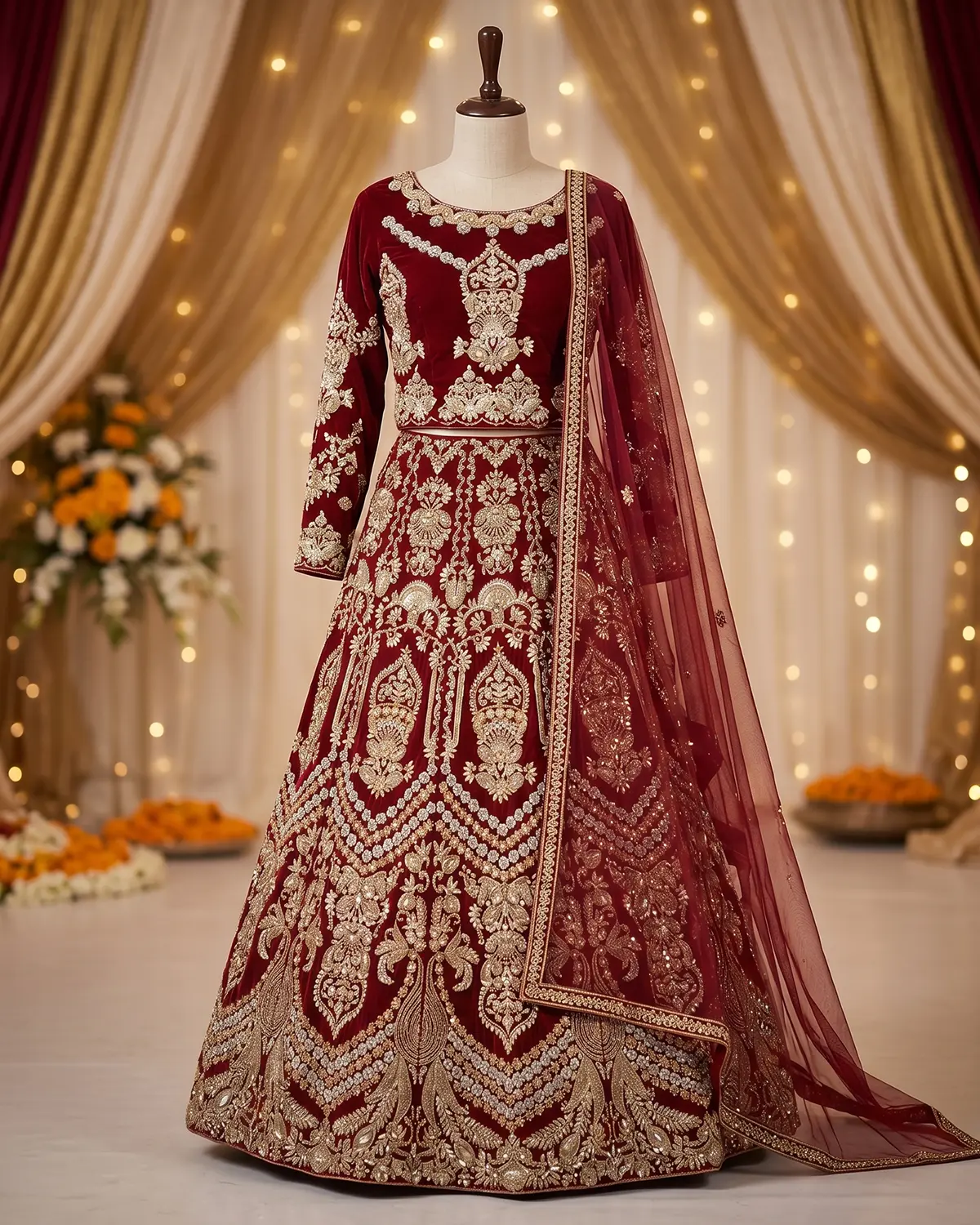Luxury Crimson Velvet Bridal Lehenga Choli Front & Back Same