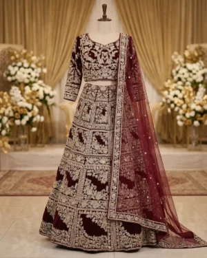 Luxury Maroon Embellished Velvet Bridal Lehenga Choli