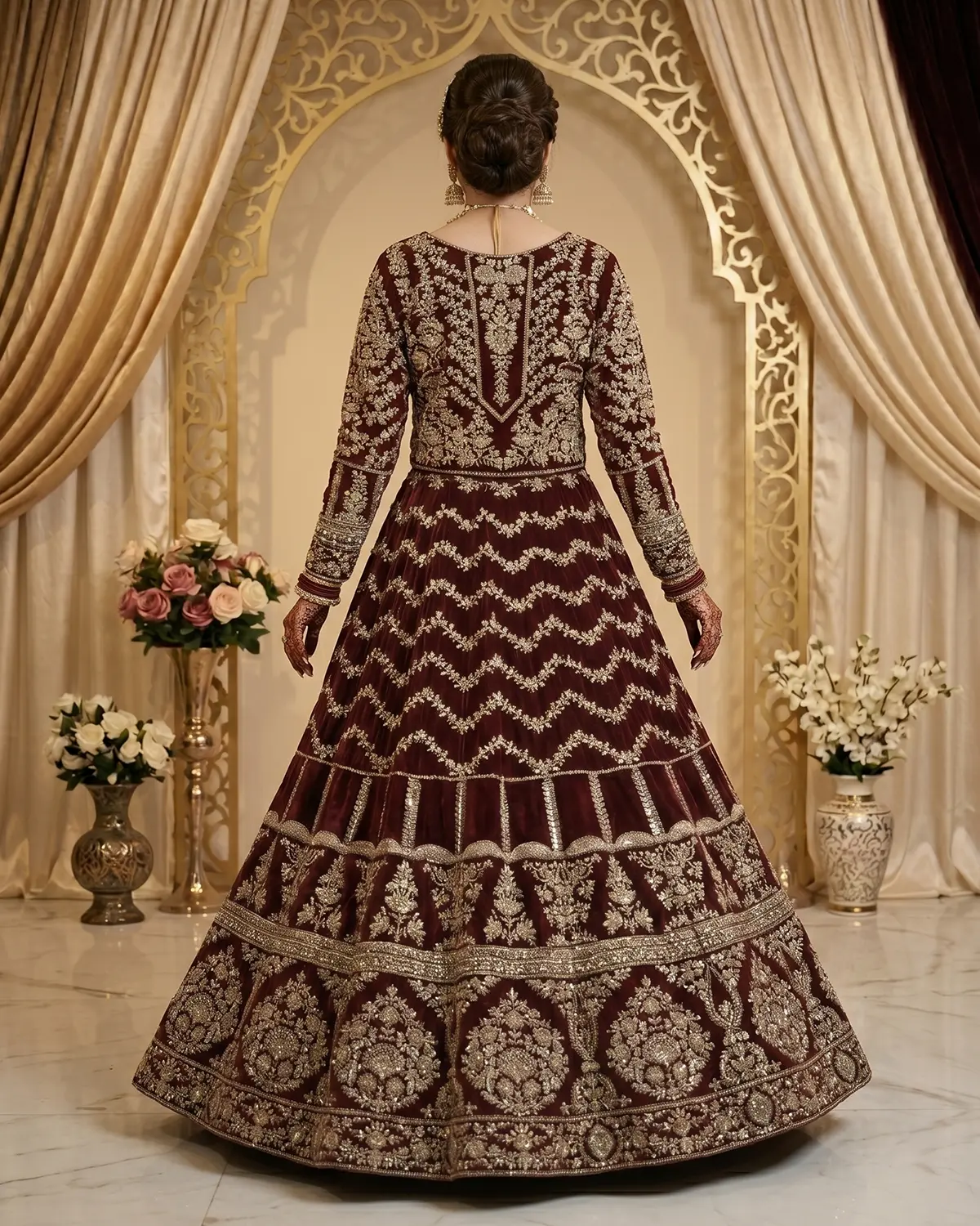 Luxury Maroon Velvet Bridal Lehenga Shirt - Image 3