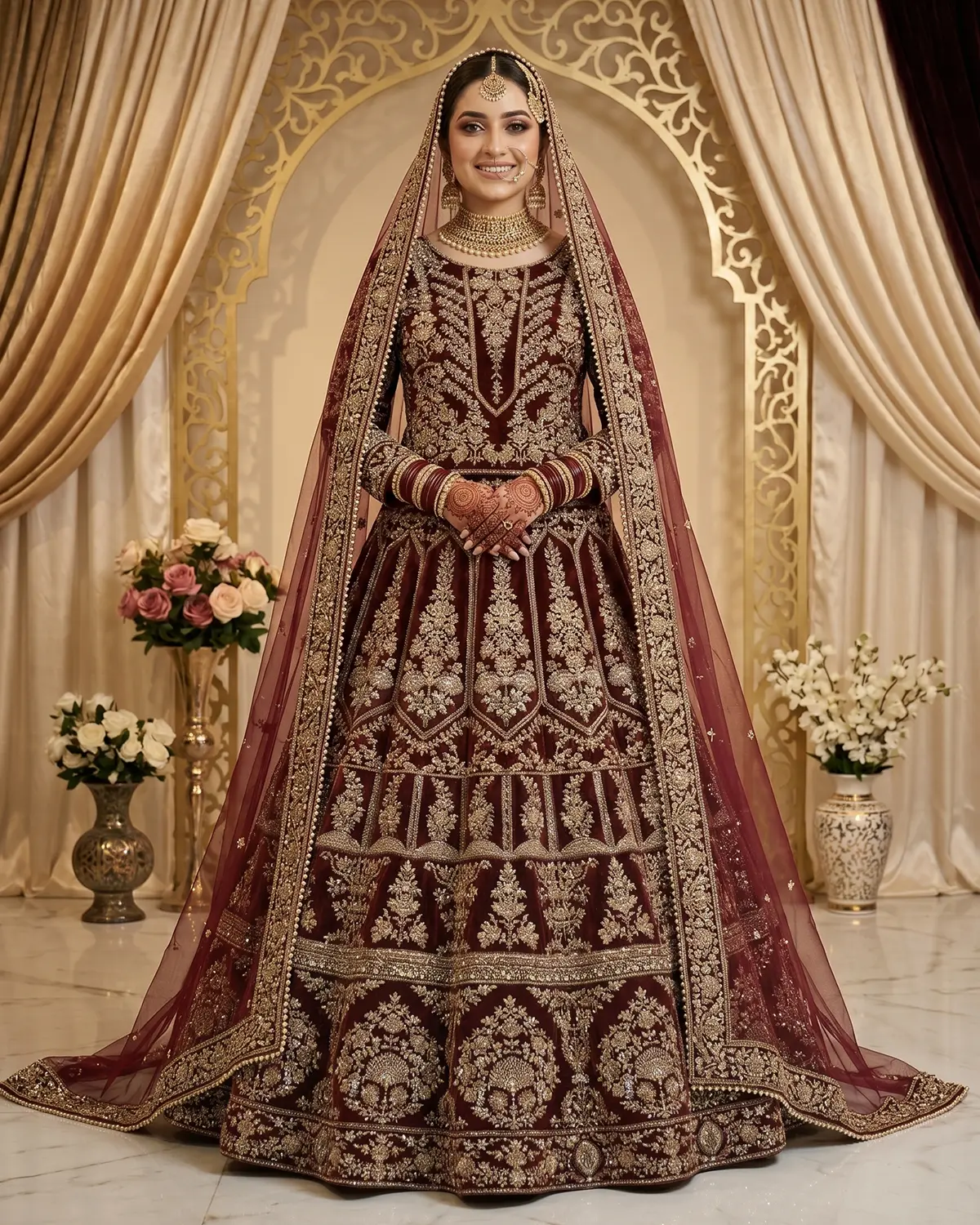 Luxury Maroon Velvet Bridal Lehenga Shirt - Image 2
