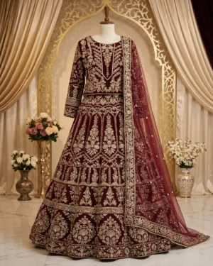 Luxury Maroon Velvet Bridal Lehenga Shirt