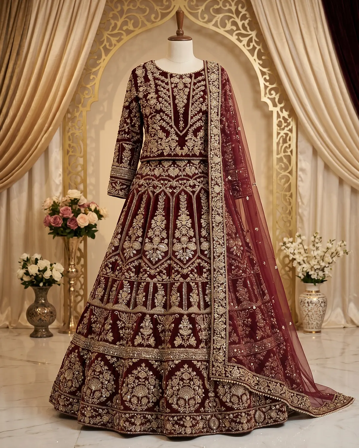 Luxury Maroon Velvet Bridal Lehenga Shirt