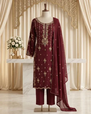 Maroon Embellished Formal Trouser Shirt Suit