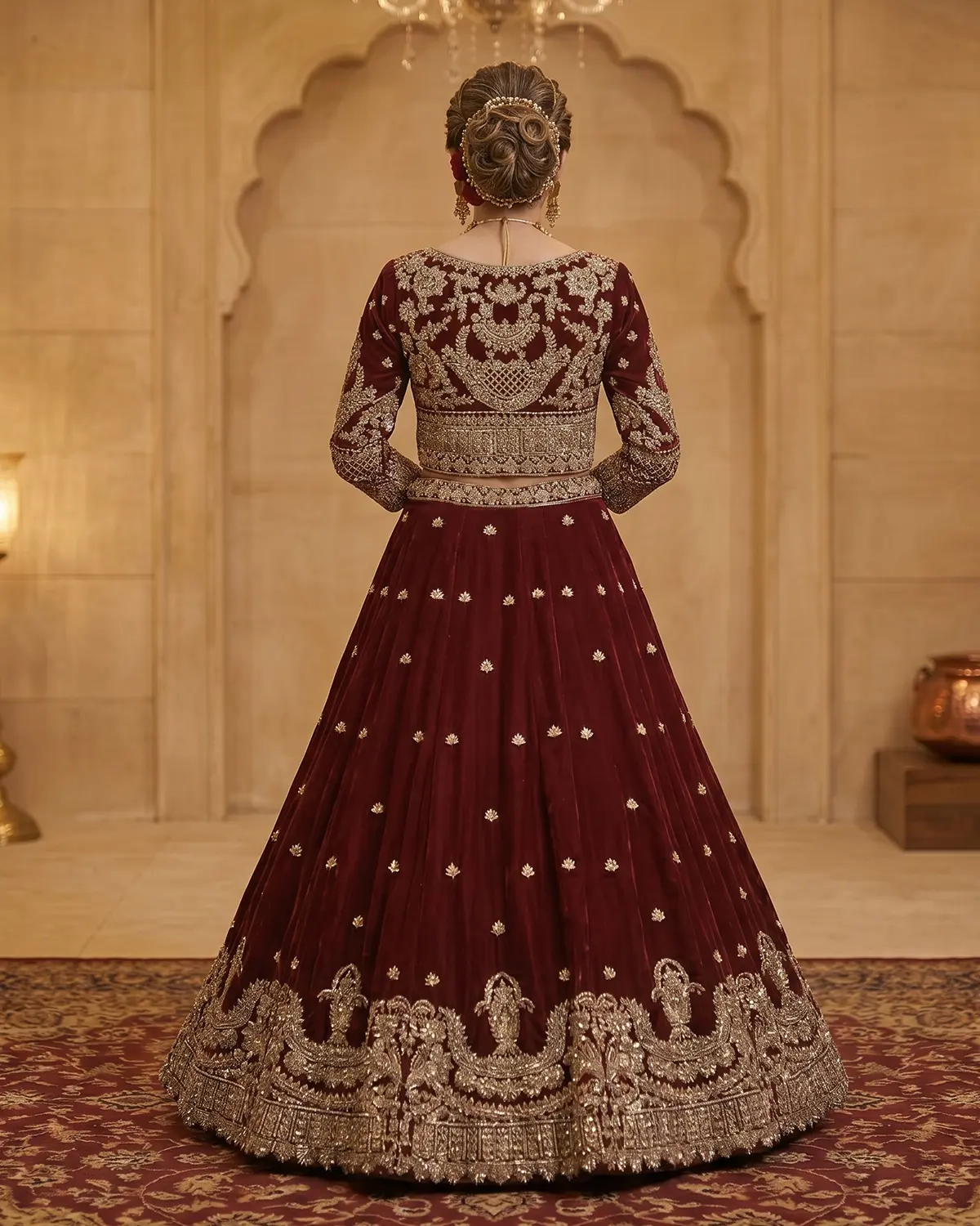 Maroon Embroidered Velvet Bridal Lehenga Shirt - Image 3