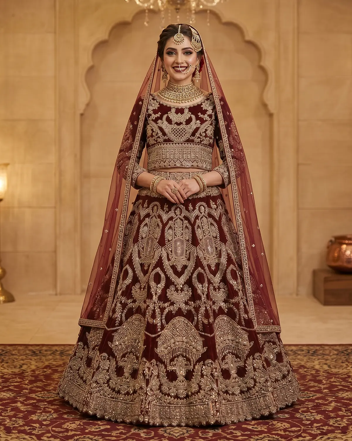 Maroon Embroidered Velvet Bridal Lehenga Shirt - Image 2