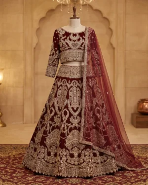 Maroon Embroidered Velvet Bridal Lehenga Shirt