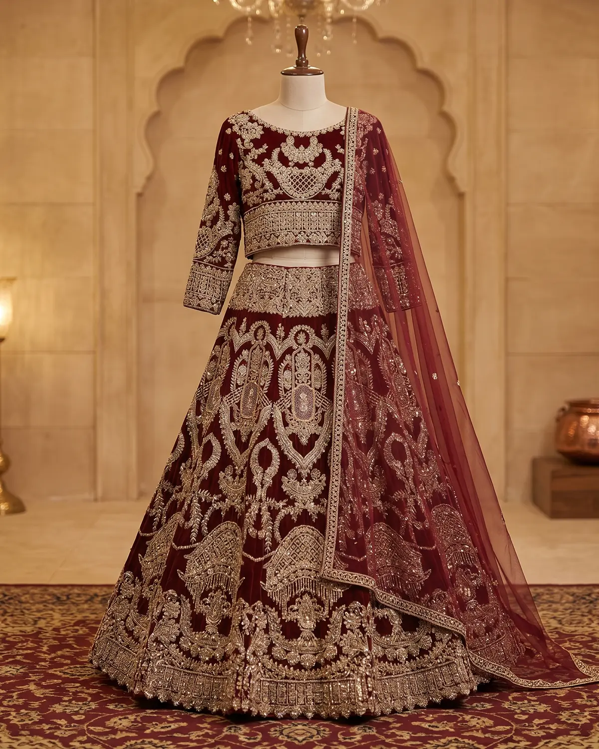 Maroon Embroidered Velvet Bridal Lehenga Shirt