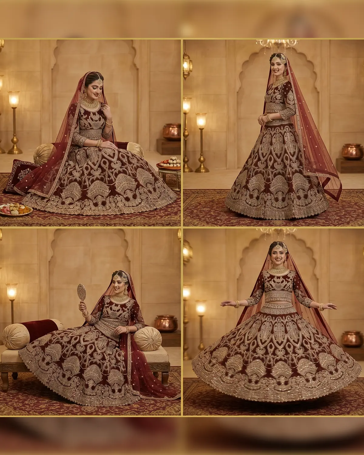 Maroon Embroidered Velvet Bridal Lehenga Shirt - Image 4