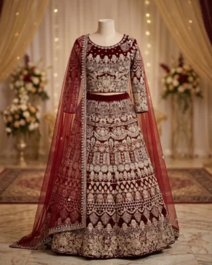 Maroon Golden Jewel Velevt Bridal Lehenga shirt